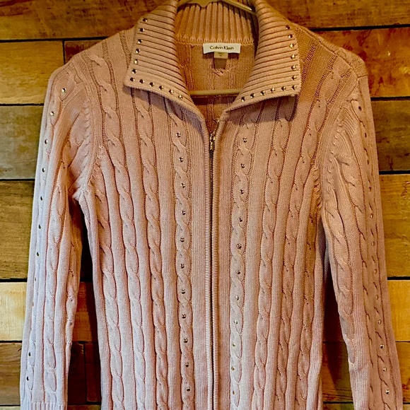Calvin Klein M Pink Sweater Dress Cable Knit Ribbed Gild Studs Bodycon Zip Front - Picture 1 of 12